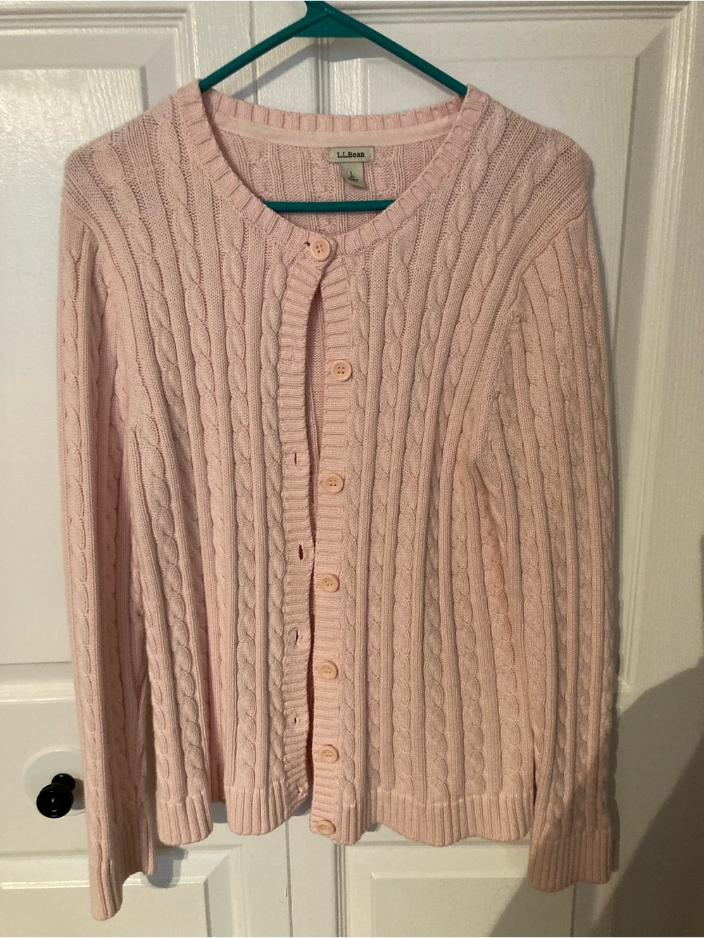 L.L. Bean Women's Light Pink Cable Knit Button-Up Cardigan